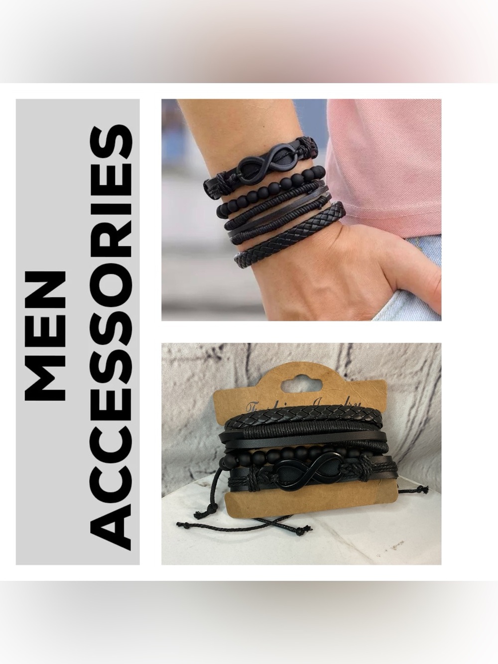🌟🌟 Men Obsidian Leather layered Bracelet